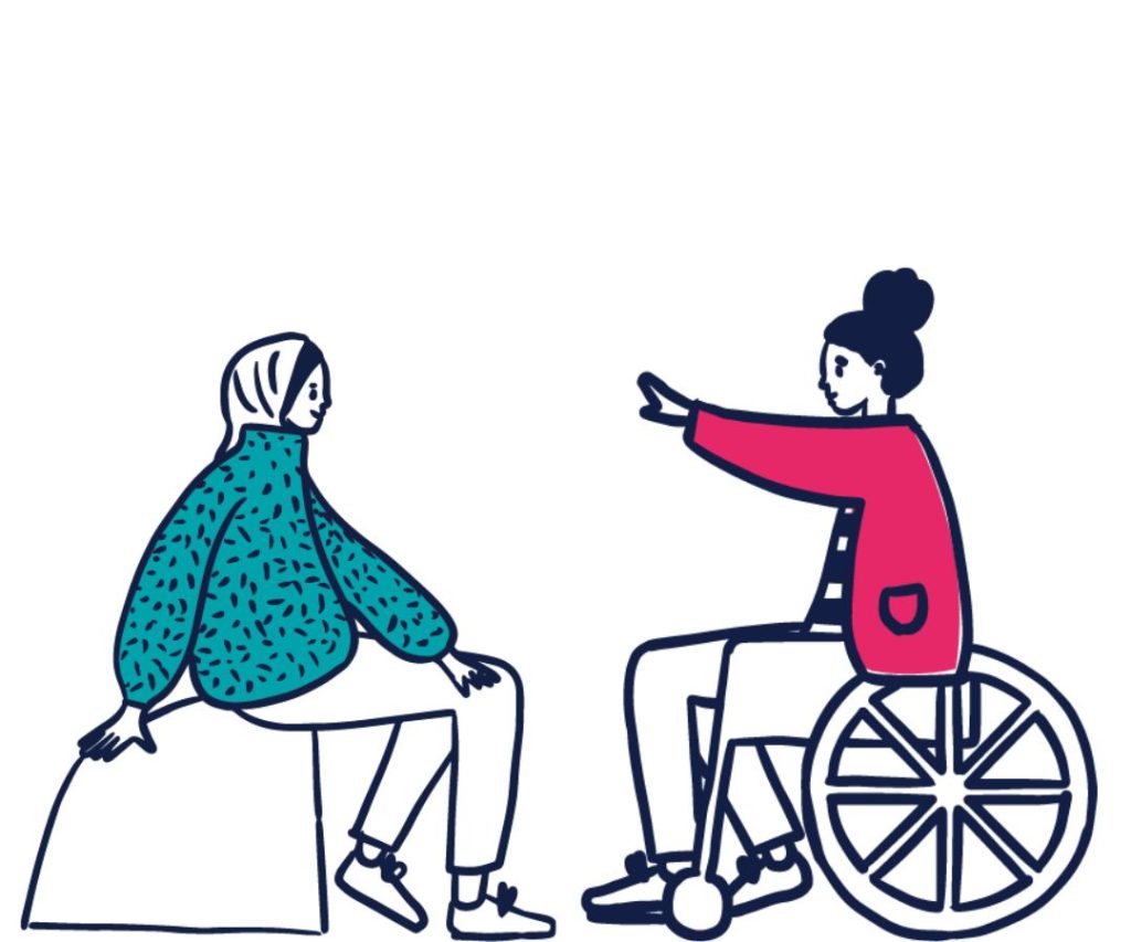 Two women, having a conversation, one is in a wheel chair