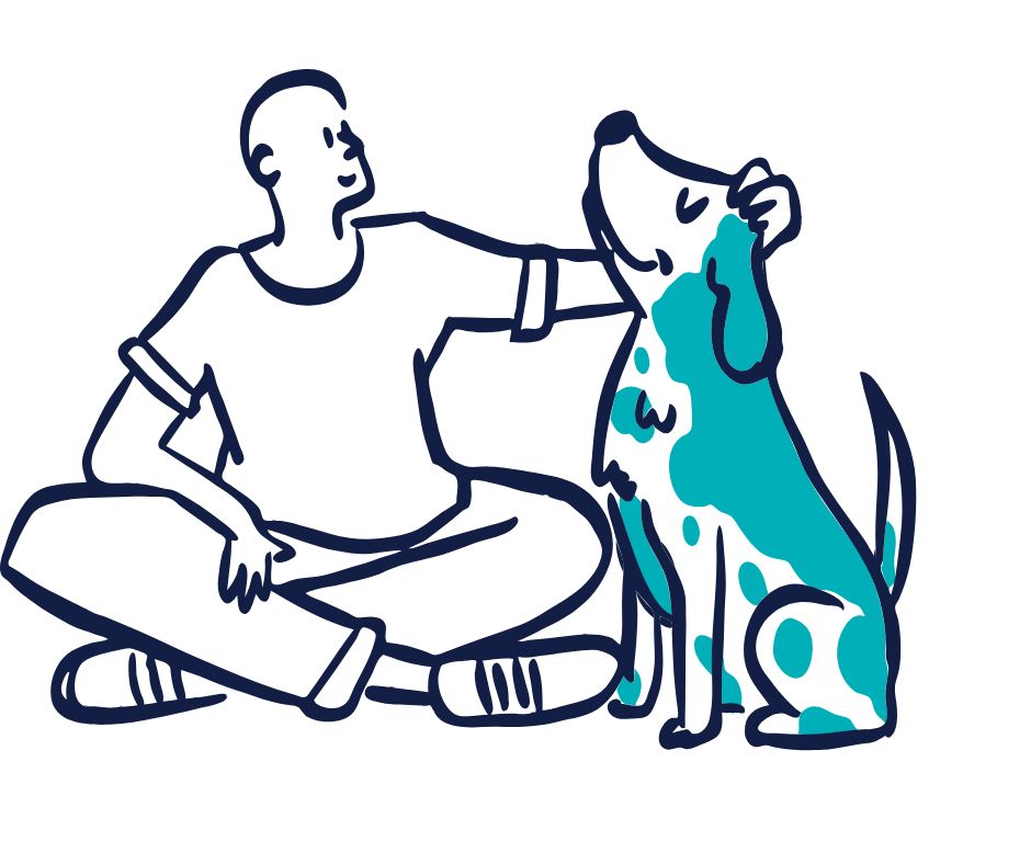 A man petting a blue dog